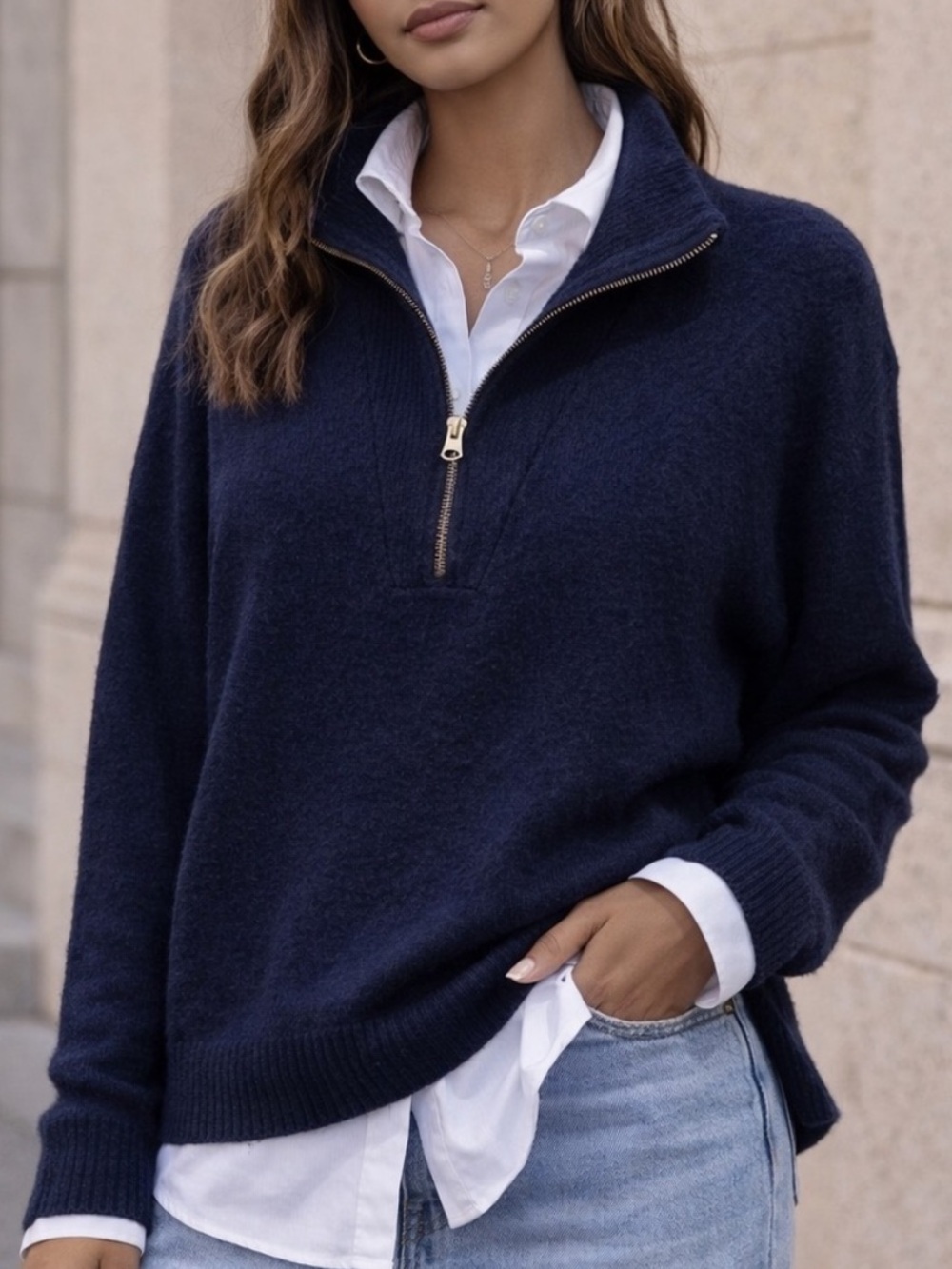 J. Crew Half-Zip Sweater Blue Merino Wool Alpaca Blend Ribbed Fall Winter Preppy